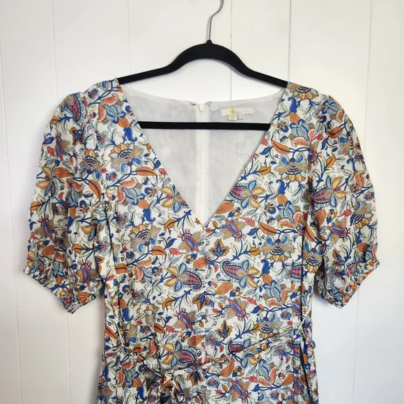 Boden Linen Blend Midi Dress Puff Sleeve A-Line Floral Boho Print V-Neck Size 14 - Picture 6 of 16